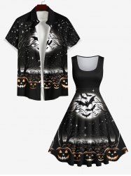 Costume D'Halloween Imprimé Arbre Lune et Citrouille Grande Taille pour Couples - Noir 