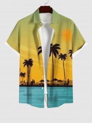 Plus Size Coconut Tree Seascape Sunshade Ombre Print Buttons Pocket Hawaii Shirt For Men -  