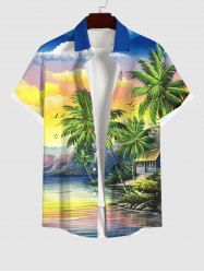 Plus Size Coconut Tree Sea Colorful Ombre Sky Cloud Mountain Print Hawaii Button Pocket Shirt For Men -  