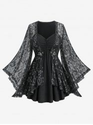 Plus Size Flare Sleeves Glitter Rose Flower Lace Panel Ruched 2 in 1 Layered Top -  