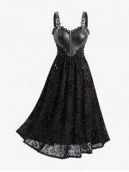 Plus Size Dragon Flowers Flocking Mesh PU Leather Patchwork Lace Up Grommets Tank Dress -  