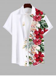 Plus Size Tropical Leaf Hibiscus Flower Print Buttons Pocket Hawaii Shirt For Men -  