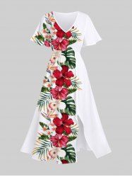 Plus Size Tropical Leaf Hibiscus Flower Print Split Hawaii Midi Dress -  