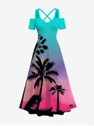 Plus Size Cold Shoulder Coconut Tree Ombre Sky Print Hawaii Crisscross A Line Maxi Dress -  
