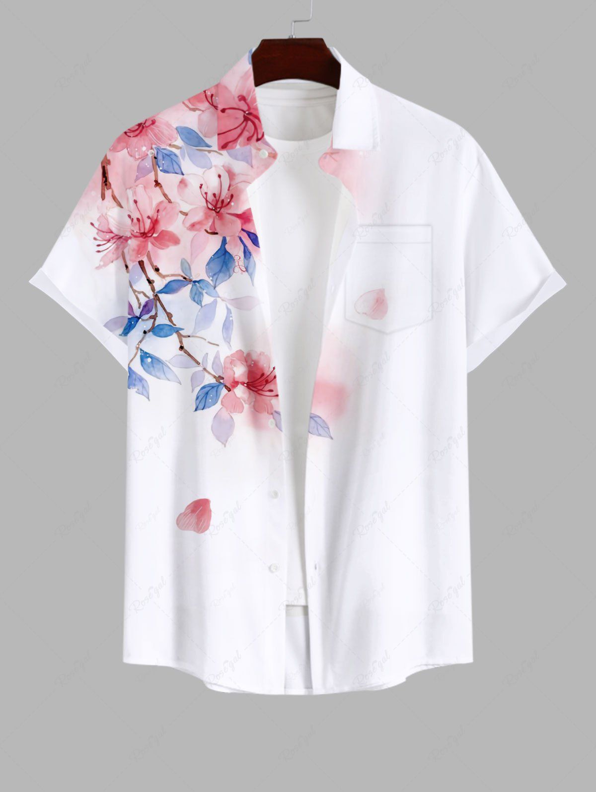 Affordable Plus Size Ombre Floral Leaves Print Hawaii Button Pocket Shirt For Men  