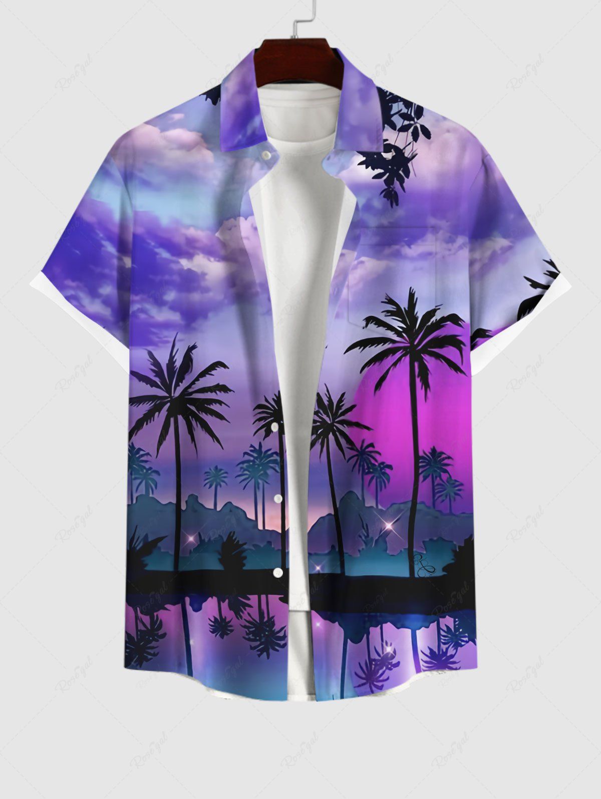 Outfit Plus Size Coconut Tree Sea Village Sun Ombre Sky Cloud Print Hawaii Button Pocket Shirt For Men  