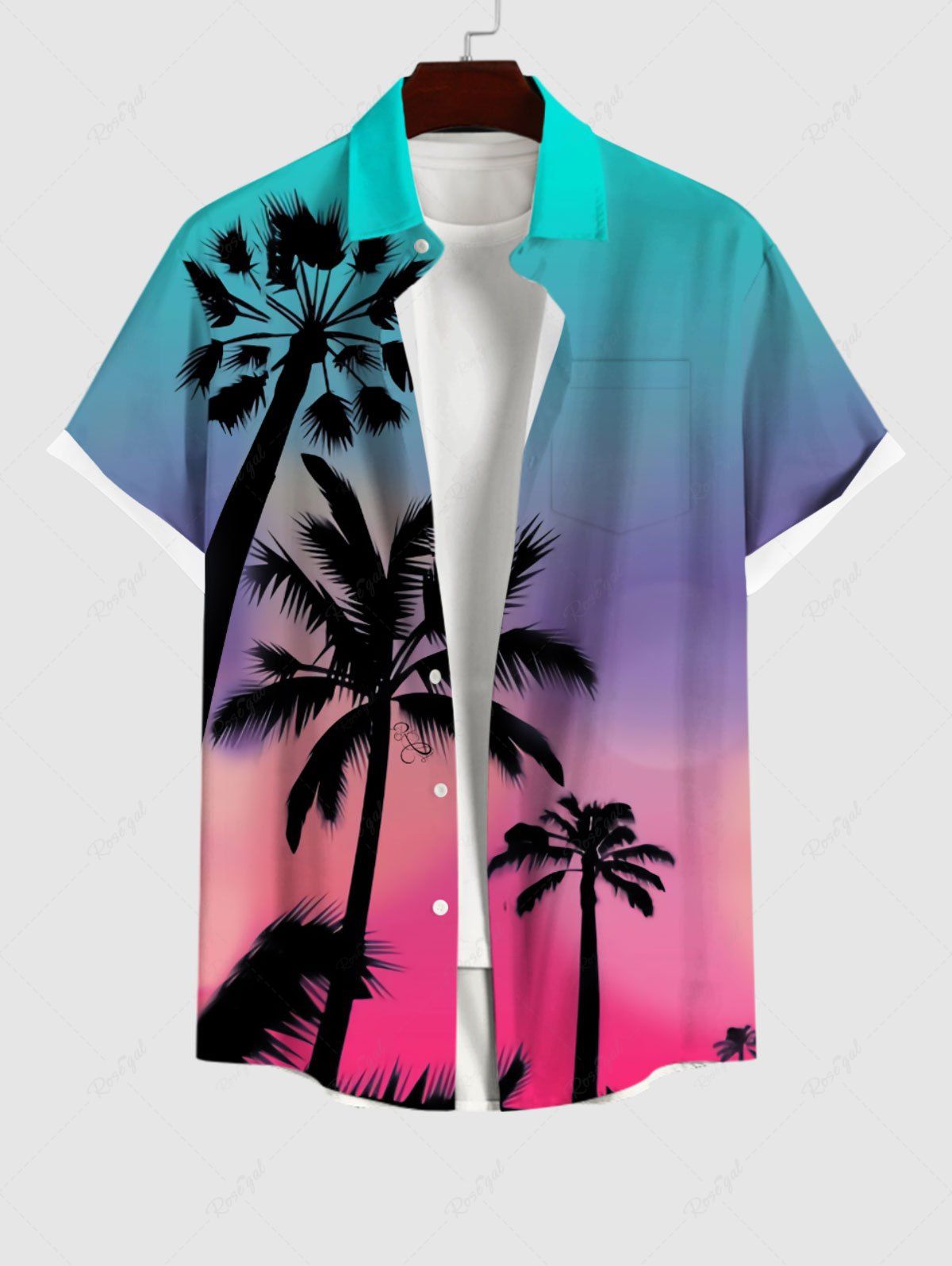 Shops Plus Size Coconut Tree Ombre Sky Print Hawaii Button Pocket Shirt For Men  