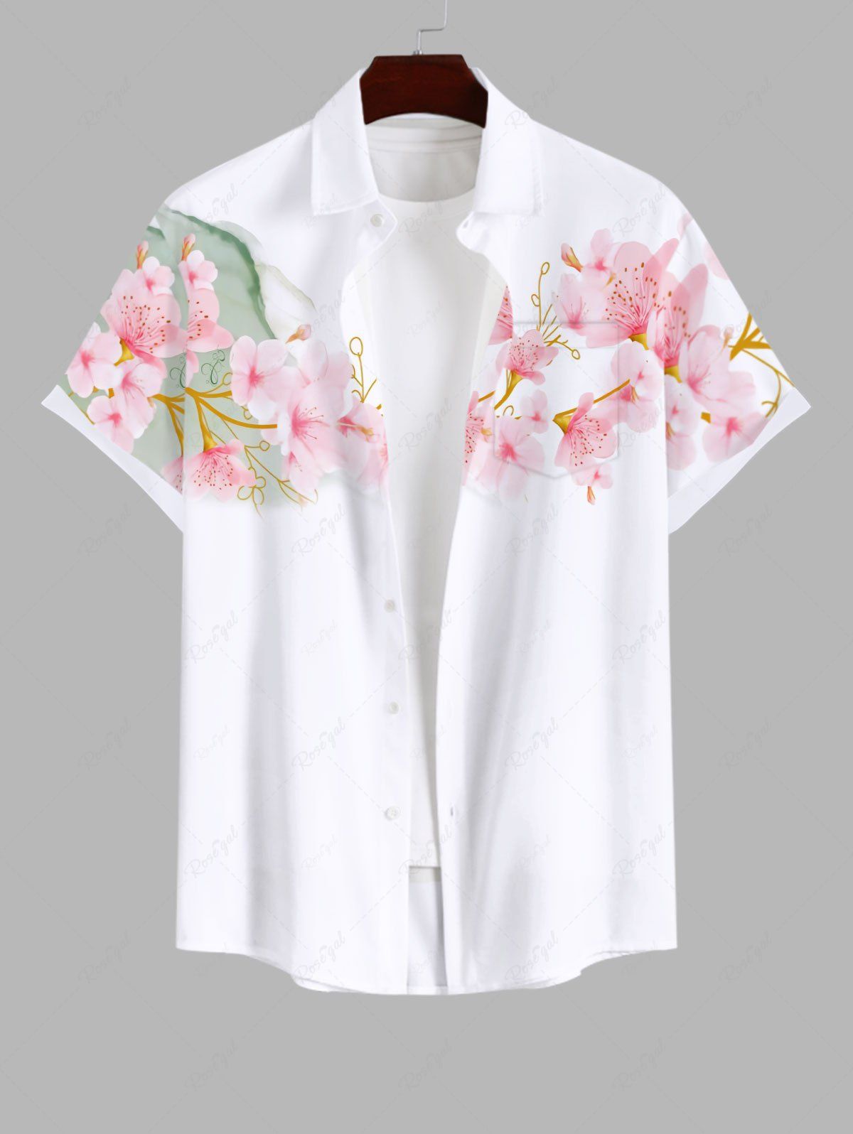 Affordable Plus Size Floral Mountain Print Hawaii Button Pocket Shirt For Men  