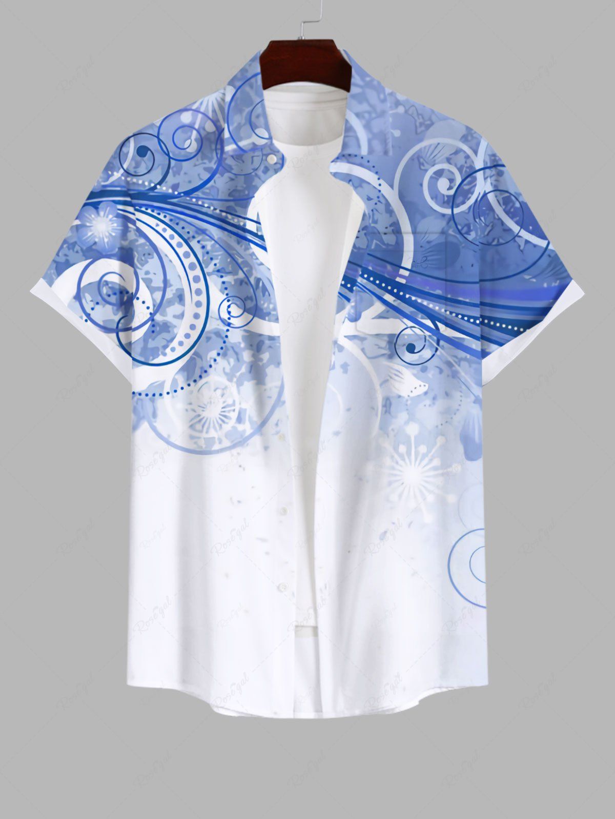Fashion Plus Size Curved Line Floral Ombre Plum Bossom Print Hawaii Button Pocket Shirt For Men  