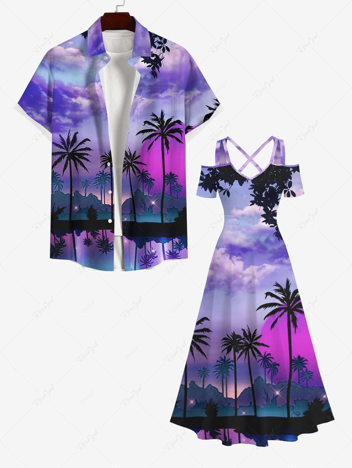 Affordable Coconut Tree Sea Village Sun Ombre Sky Cloud Print Plus Size Matching Hawaii Beach Outfit For Couples  