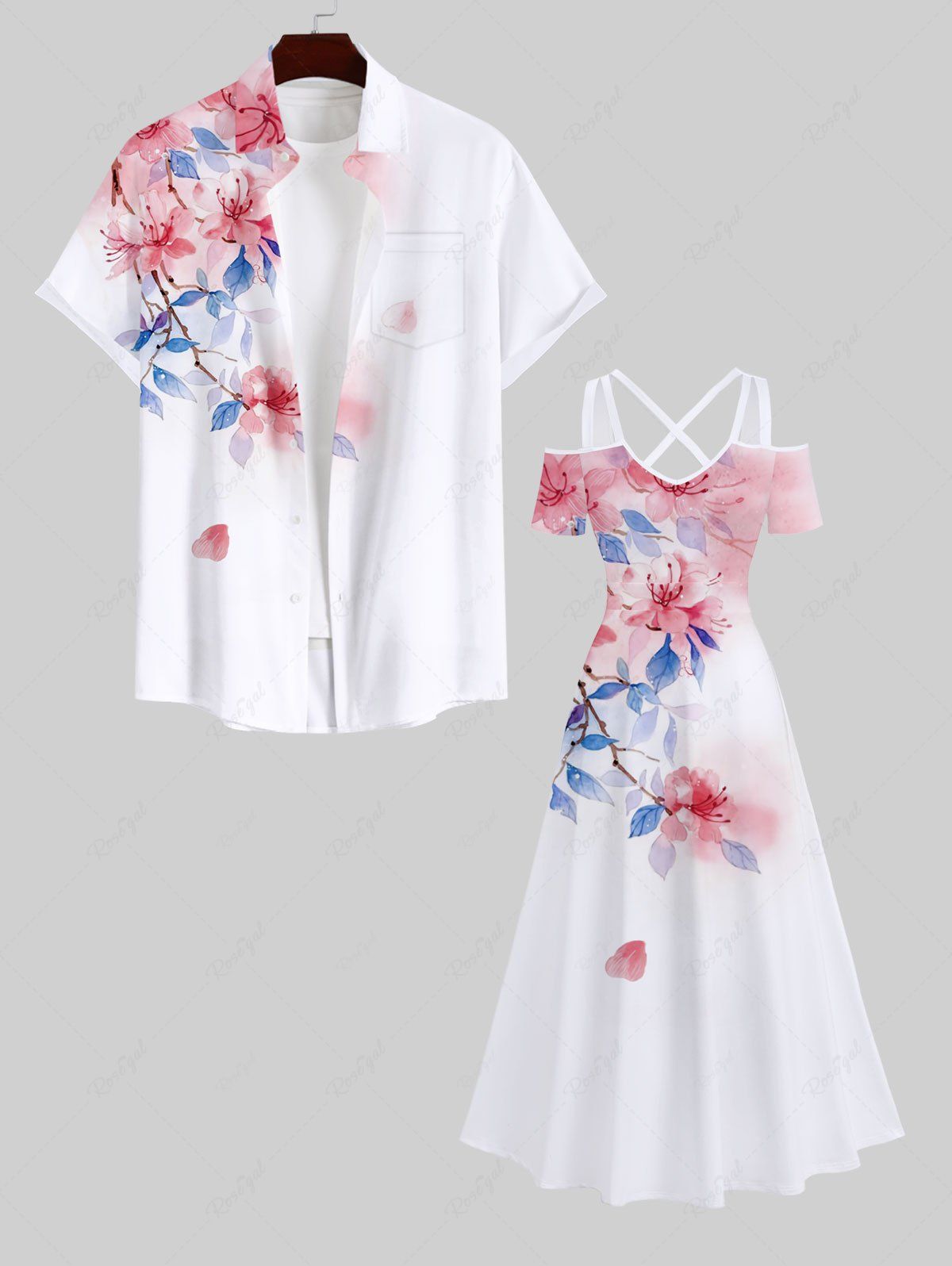 Hot Ombre Floral Leaves Print Plus Size Matching Hawaii Beach Outfit For Couples  