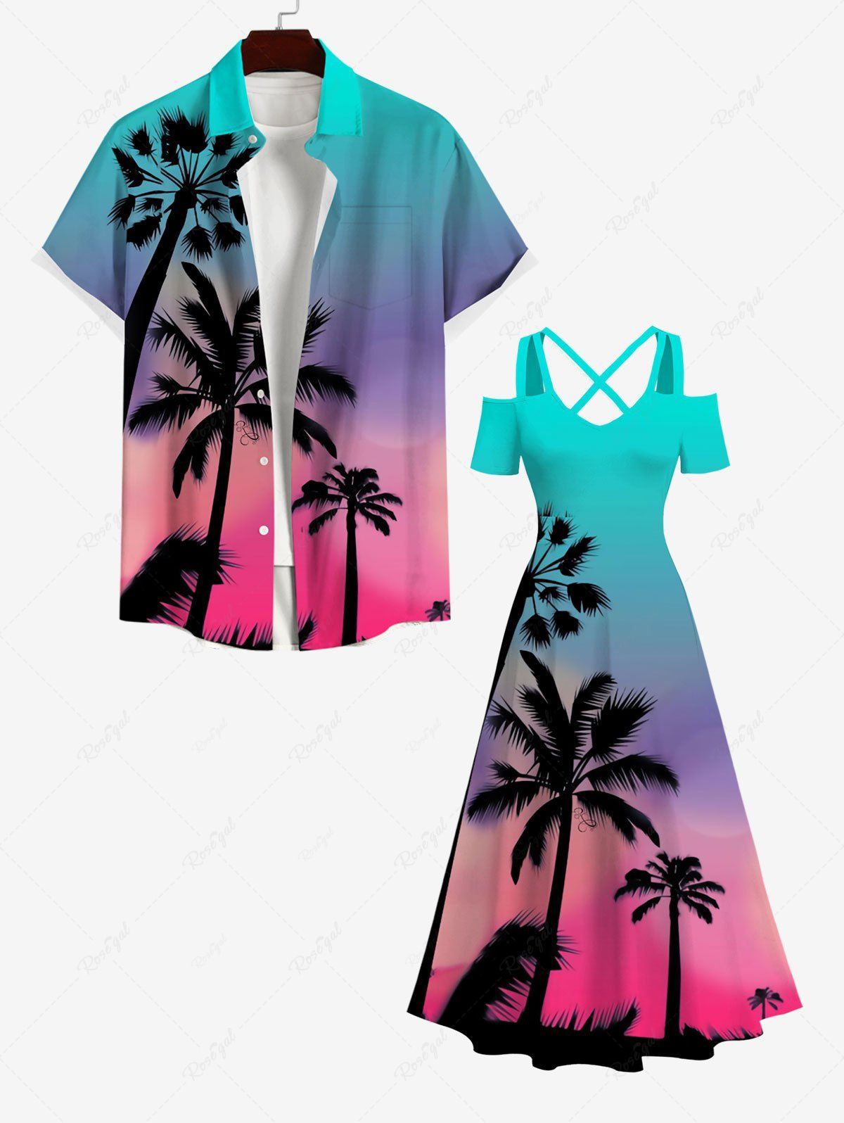 Best Coconut Tree Ombre Sky Print Plus Size Matching Hawaii Beach Outfit For Couples  