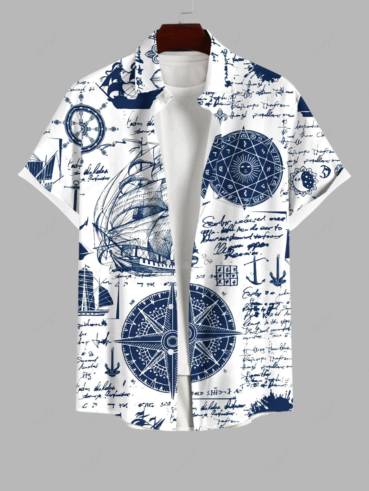 Sale Plus Size Navigation Sailboat Anchor Compass Newspaper Print Buttons Pocket Hawaii Shirt For Men  