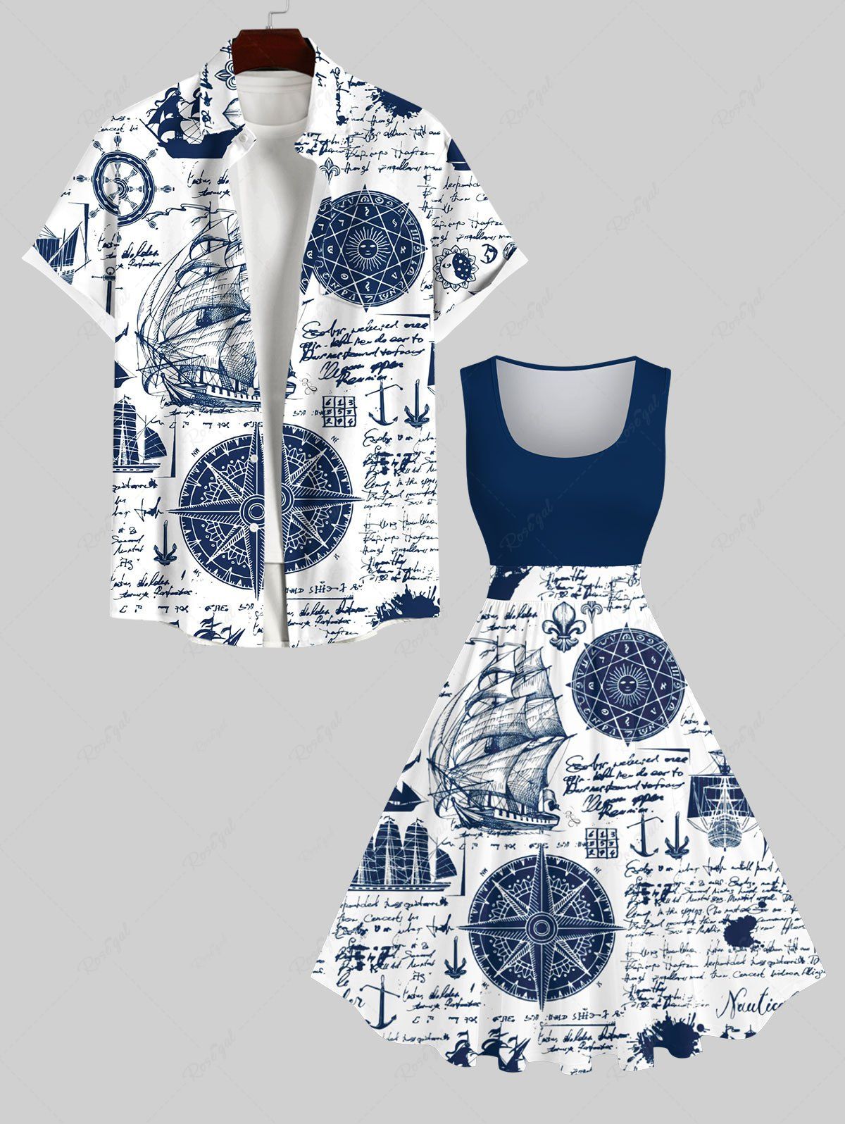 Buy Navigation Sailboat Anchor Compass Newspaper Cruise Print Plus Size Matching Beach Outfit For Couples  