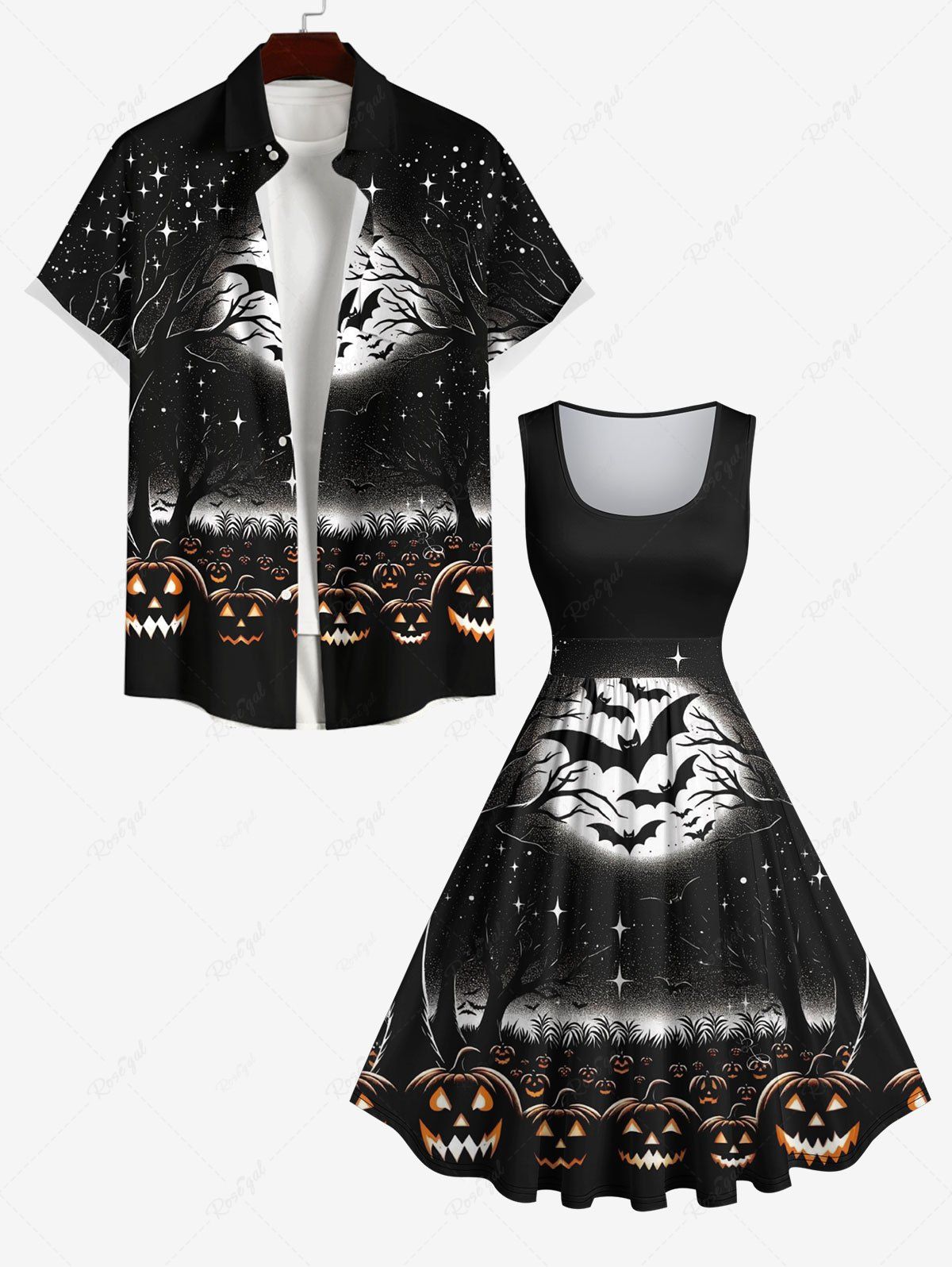 Costume D'Halloween Imprimé Arbre Lune et Citrouille Grande Taille pour Couples Noir 
