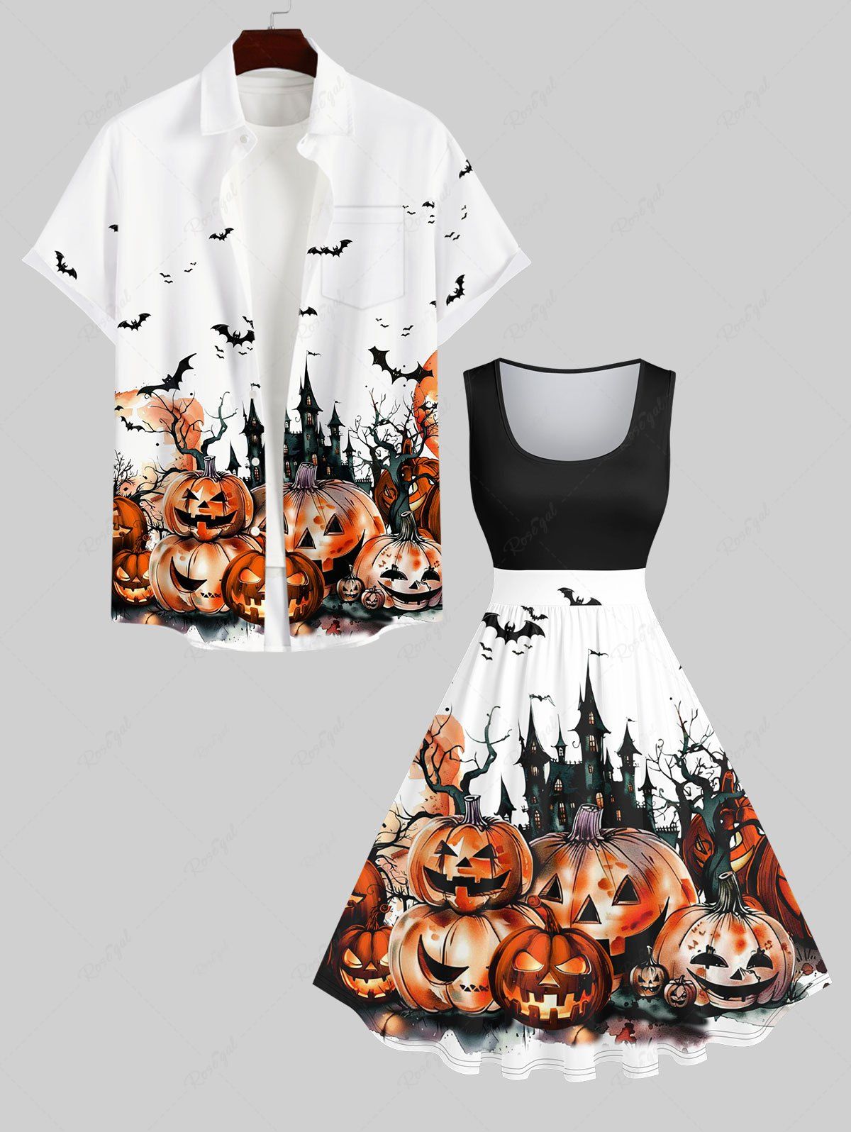 Costume D'Halloween pour Couples en Forme de Château et Citrouille Grande Taille Blanc 