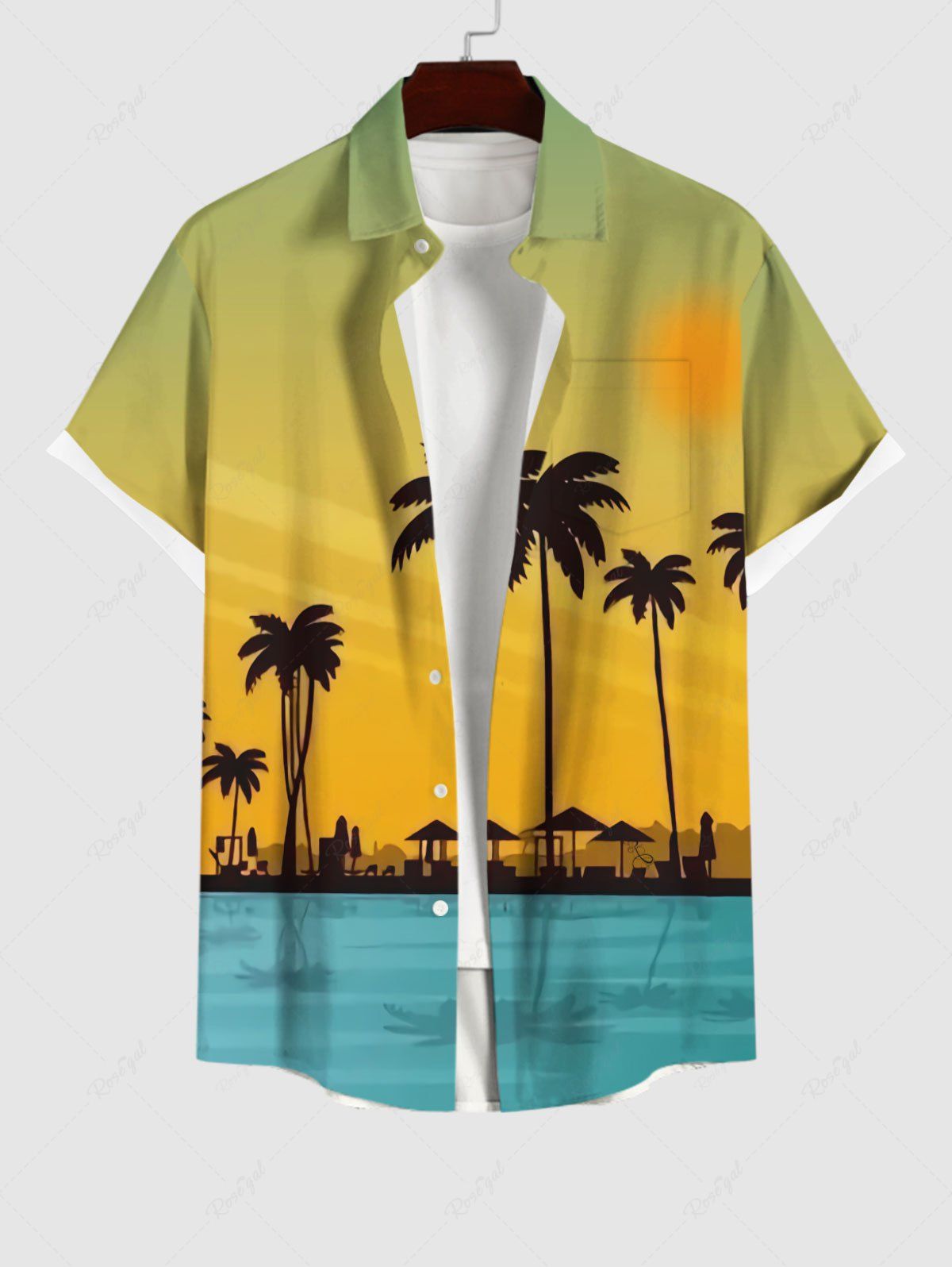 Trendy Plus Size Coconut Tree Seascape Sunshade Ombre Print Buttons Pocket Hawaii Shirt For Men  