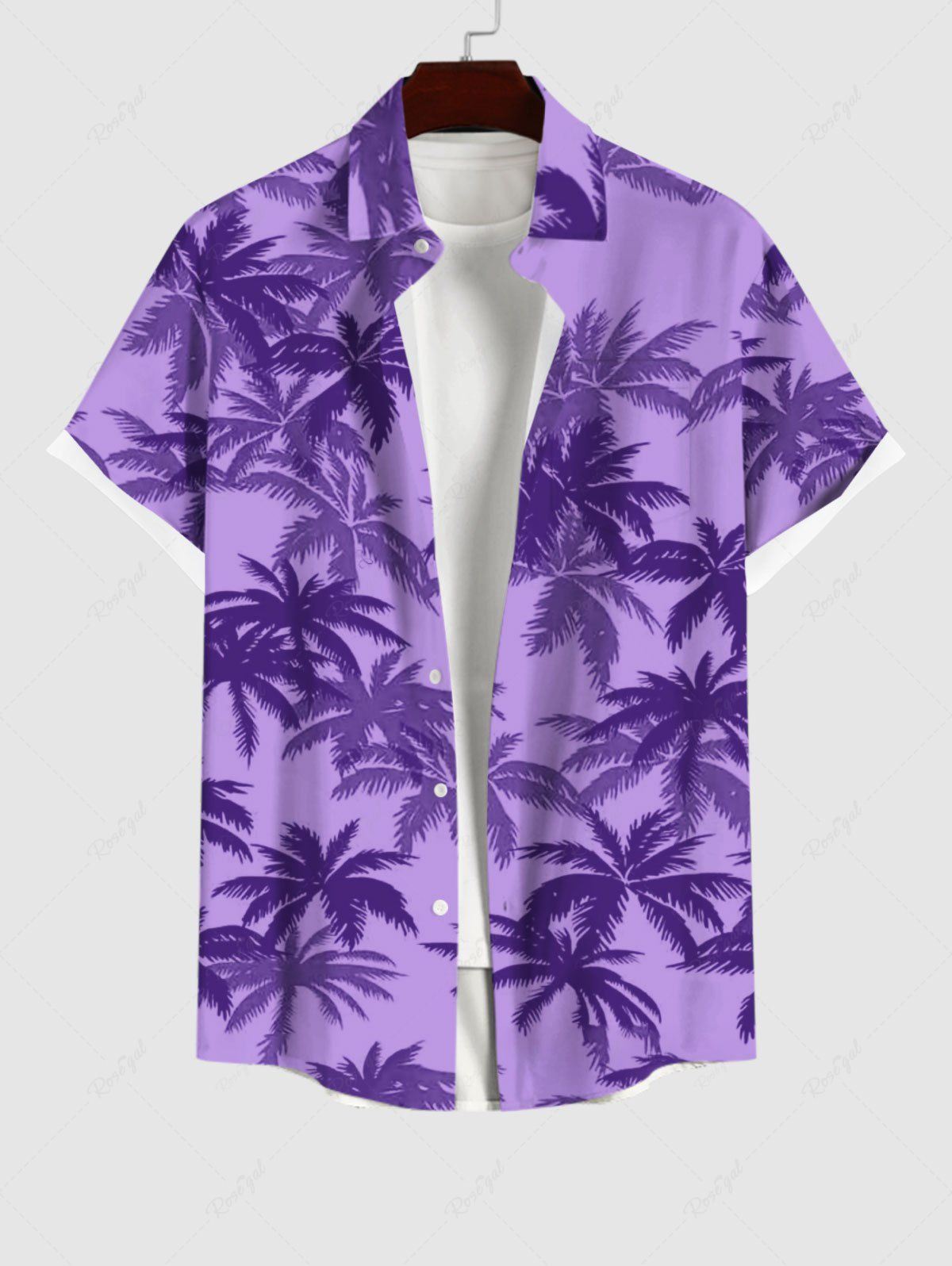 Hot Plus Size Coconut Tree Print Buttons Pocket Hawaii Shirt For Men  