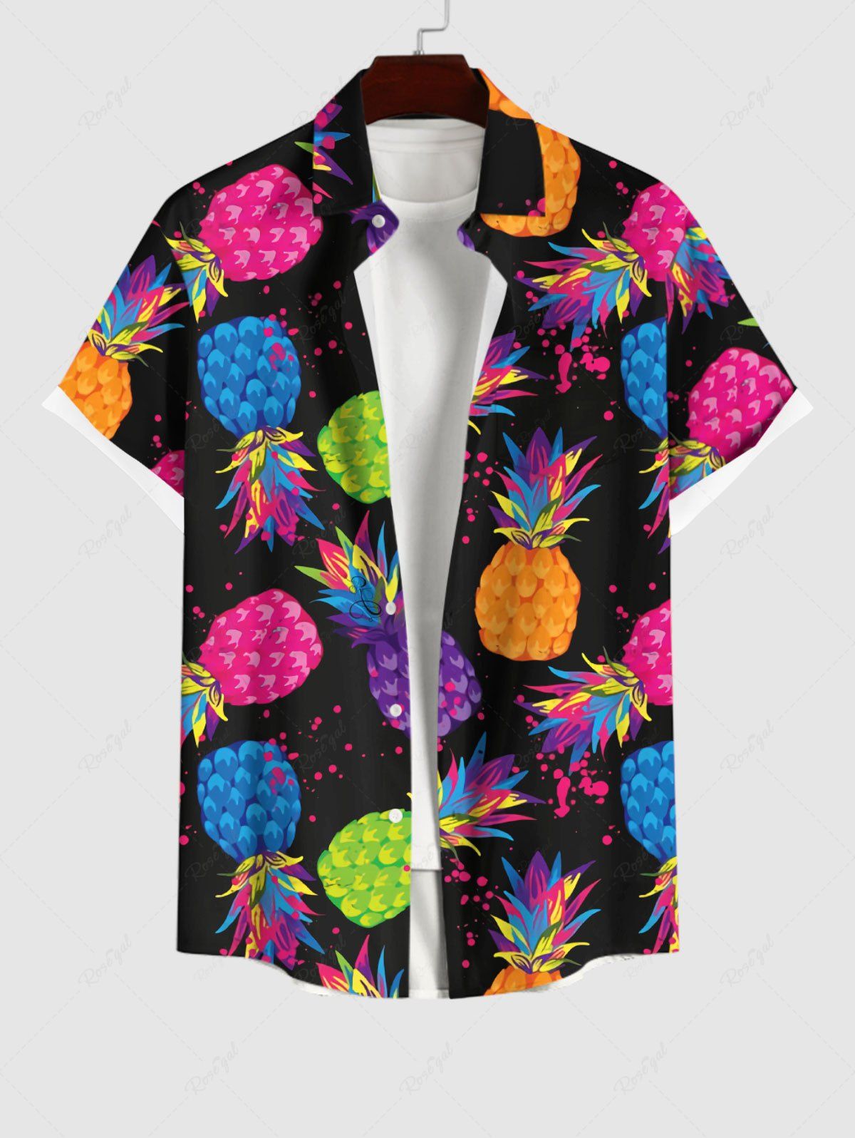 Latest Plus Size Colorful Pineapple Paint Splatter Print Buttons Pocket Hawaii Shirt For Men  