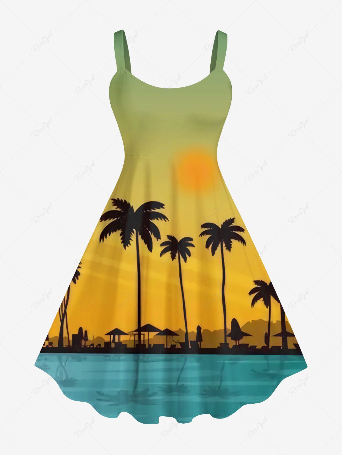 Unique Plus Size Coconut Tree Seascape Sunshade Ombre Print Hawaii Tank Dress  