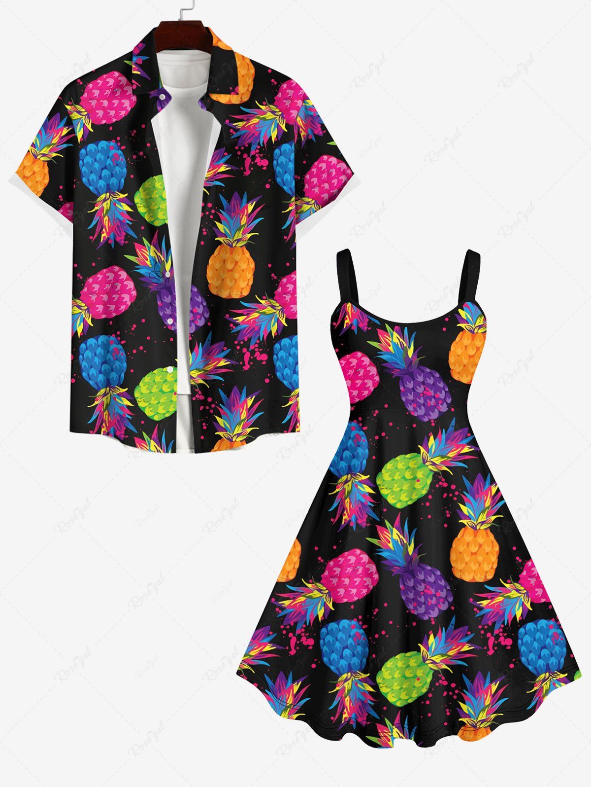 Latest Colorful Pineapple Paint Splatter Print Plus Size Matching Hawaii Beach Outfit For Couples  