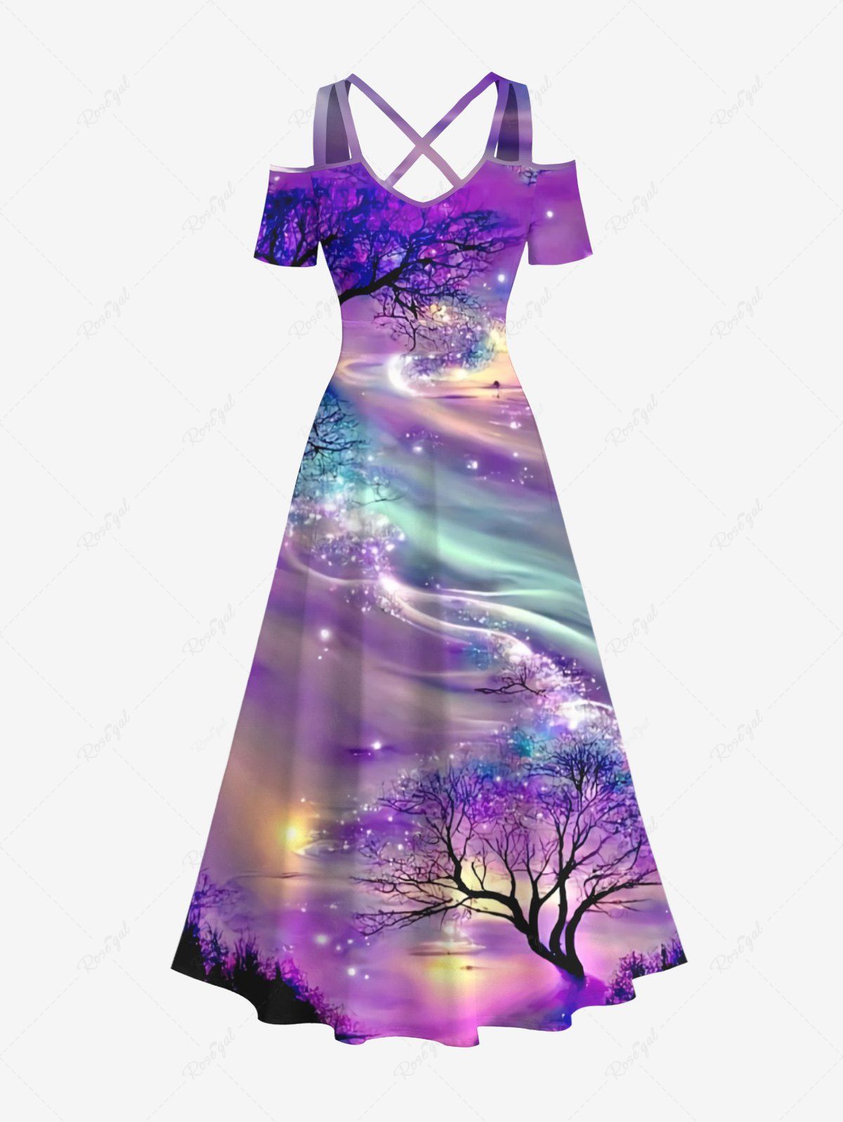 Hot Plus Size Tree Aurora Galaxy Glitter 3D Print Cold Shoulder Crisscross Hawaii Maxi Dess  