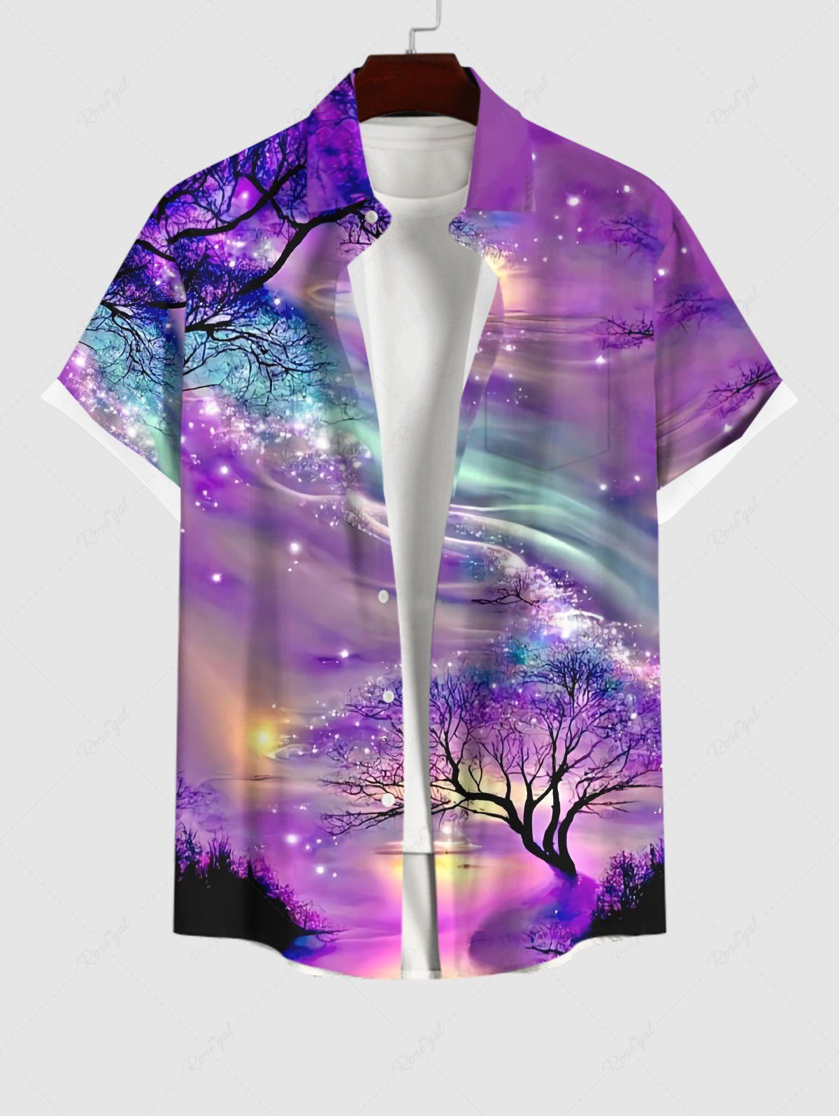 Fancy Plus Size Tree Aurora Galaxy Glitter 3D Print Buttons Pocket Hawaii Shirt For Men  