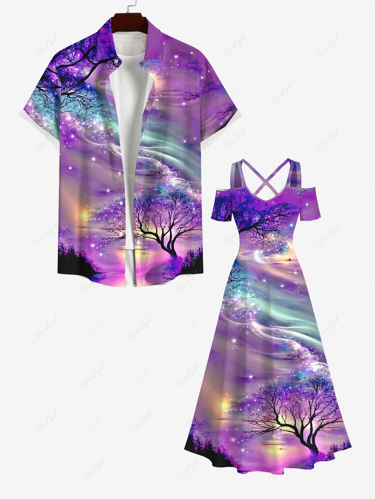 Sale Tree Aurora Galaxy Glitter 3D Print Plus Size Matching Hawaii Beach Outfit For Couples  