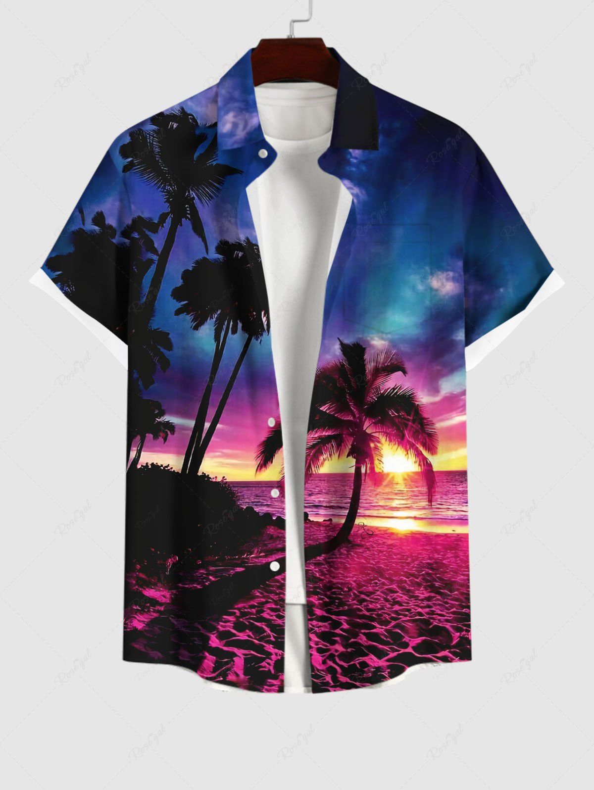 Shop Plus Size Coconut Tree Sea Beach Dusk Sun Ombre Sky Print Hawaii Button Pocket Shirt For Men  