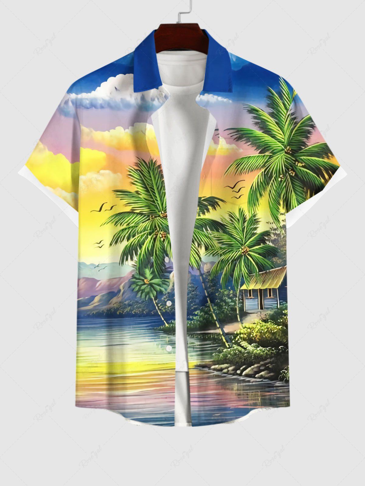 New Plus Size Coconut Tree Sea Colorful Ombre Sky Cloud Mountain Print Hawaii Button Pocket Shirt For Men  