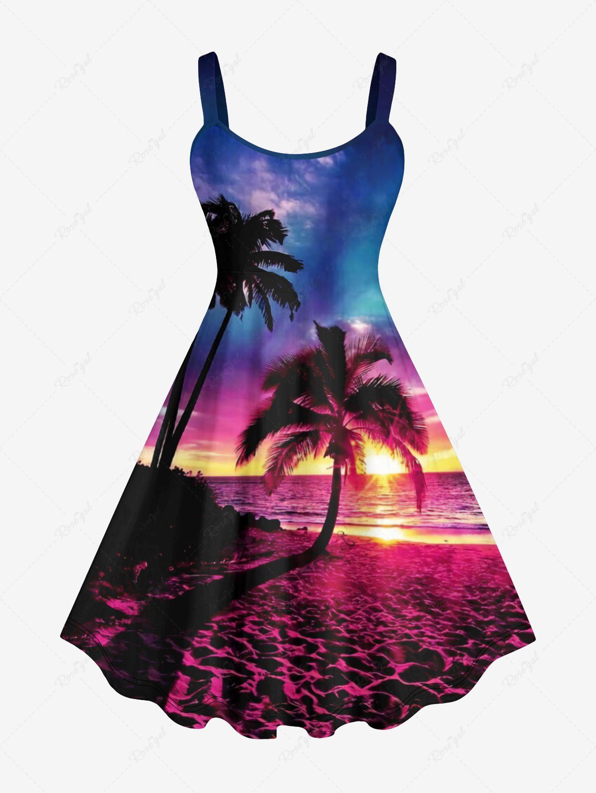 Outfit Plus Size Coconut Tree Sea Beach Dusk Sun Ombre Sky Print Hawaii A Line Tank Dress  