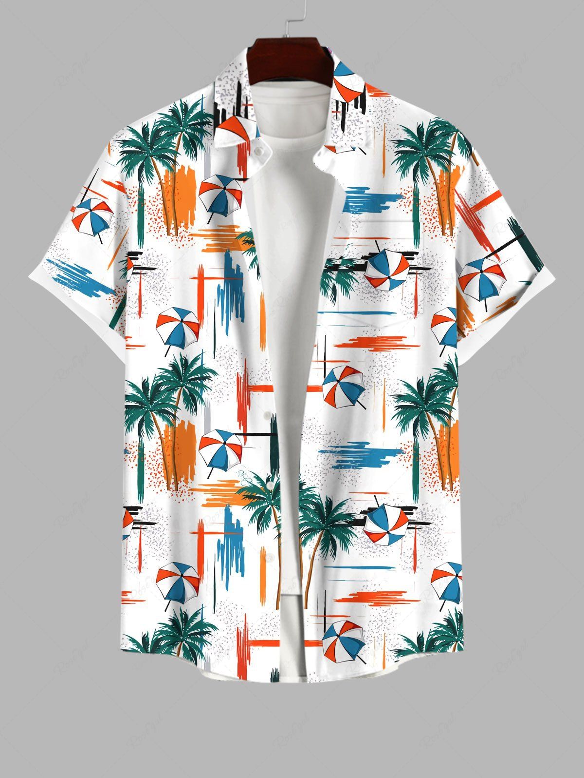 Fancy Plus Size Coconut Tree Umbrellar Graffiti Colorblock Print Buttons Pocket Hawaii Shirt For Men  