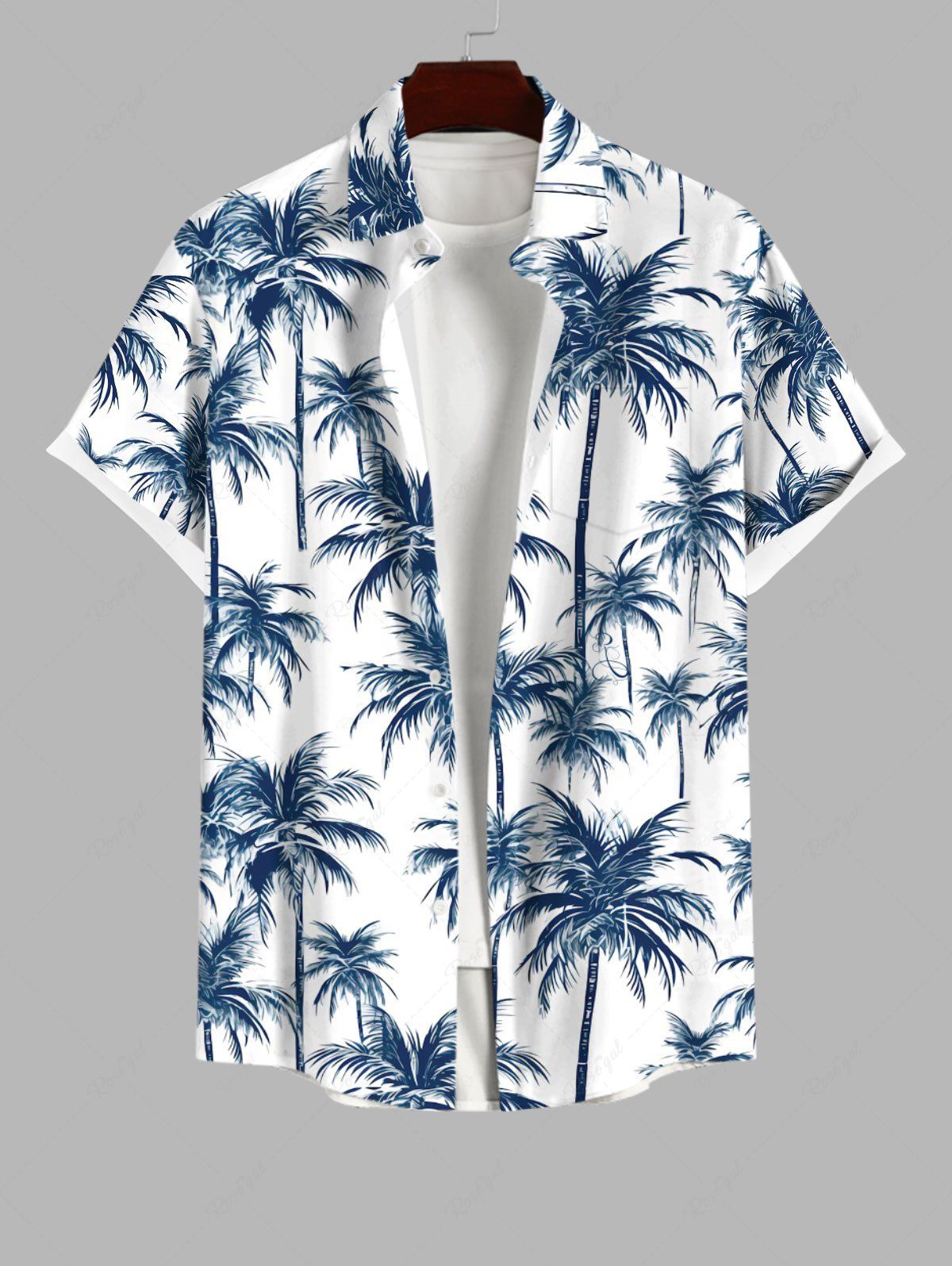 Cheap Plus Size Coconut Tree Print Buttons Pocket Hawaii Shirt For Men  