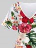 Robe Mi-Longue Fendue Fleur D'Hibiscus et Feuille Tropicale Imprimées de Grande Taille - Blanc L