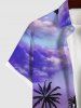 Plus Size Coconut Tree Sea Village Sun Ombre Sky Cloud Print Hawaii Button Pocket Shirt For Men -  