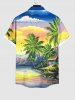 Plus Size Coconut Tree Sea Colorful Ombre Sky Cloud Mountain Print Hawaii Button Pocket Shirt For Men -  