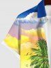 Plus Size Coconut Tree Sea Colorful Ombre Sky Cloud Mountain Print Hawaii Button Pocket Shirt For Men -  