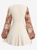 Plus Size Floral Print Embroidery Ruched Surplice 2 in 1 Long Sleeves Blouse -  