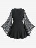 Plus Size Flare Sleeves Glitter Rose Flower Lace Panel Ruched 2 in 1 Layered Top -  