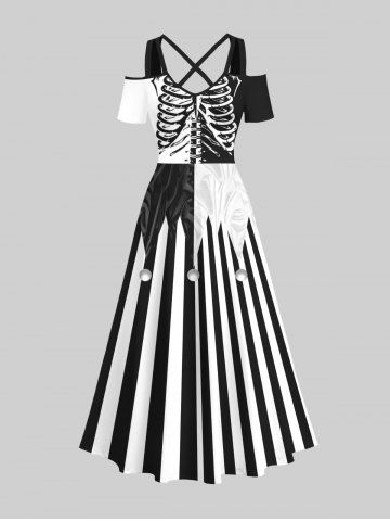 Plus Size Halloween Costume Two Tone Skeleton Clown Stripes Print Cold Shoulder Crisscross Maxi Dress - BLACK - 3X