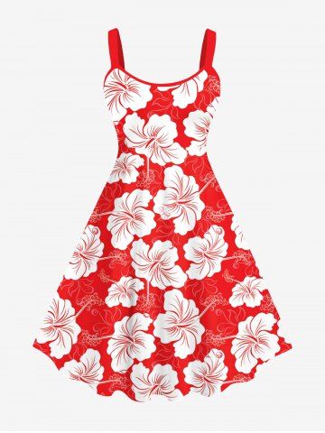 Plus Size Tropical Leaf Hibiscus Flowers Print Hawaii Tank Dress - RED - S