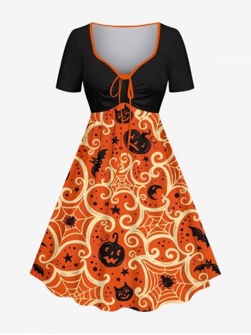 Plus Size Halloween Costume Bat Pumpkin Moon Star Spider Web Print Cinched Dress - BLACK - L