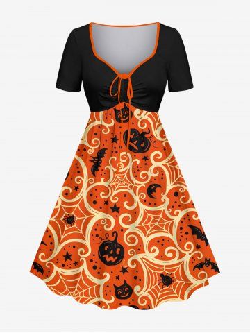 Plus Size Halloween Costume Bat Pumpkin Moon Star Spider Web Print Cinched Dress - BLACK - 2X