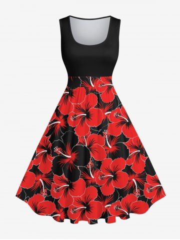 Robe D'Halloween Vintage Fleur D'Hibiscus Imprimée de Grande Taille - RED - S