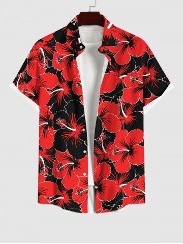 Plus Size Hibiscus Flowers Print Buttons Pocket Hawaii Shirt For Men - RED - L