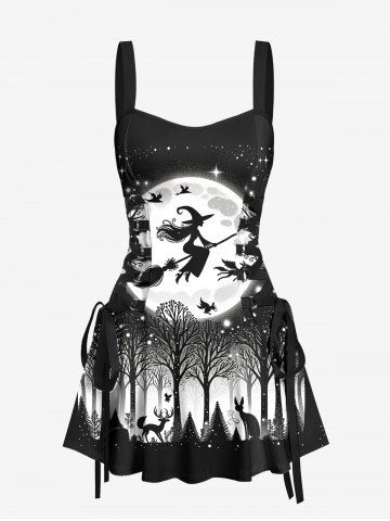 Halloween Costume Wizard Moon Star Deer Forest Print Lace Up Tank Dress - BLACK - S