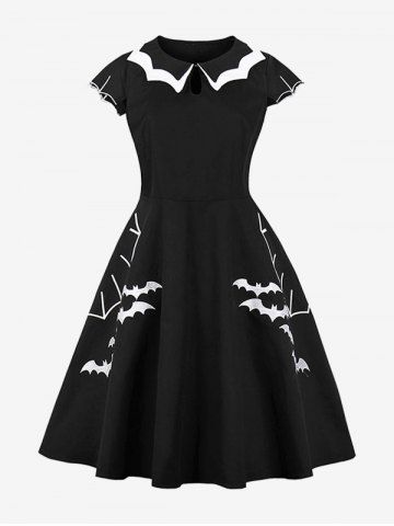 Plus Size Halloween Costume Spider Web Bat Print Turn Down Collar Vintage Dress - BLACK - 1XL