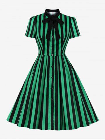 Plus Size Two Tone Stripes Print Button Down Tie Bowknot Vintage Dress - GREEN - XL