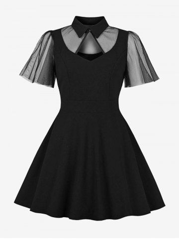 Robe Vintage Zippée en Maille Transparente Jointive de Grande Taille à Col avec Trou de Serrure - BLACK - 2XL