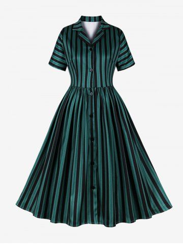 Robe Vintage Boutonnée à Rayures à Col Chemise - GREEN - S